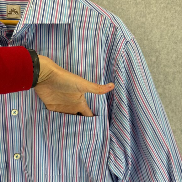 Peter Millar Mens Size Large Blue Pink Striped Button Front Shirt Collared LS - Picture 10 of 15
